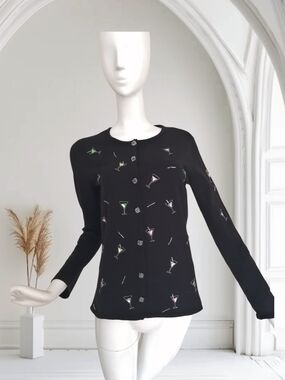Susan Bristol Black Cardigan with Multicolor Cocktail Embroidery